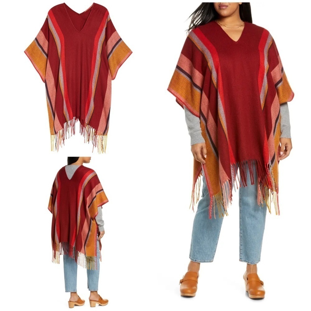 NWT TREASURE & BOND Striped Fringes Blanket Soft Poncho Scarves One Size